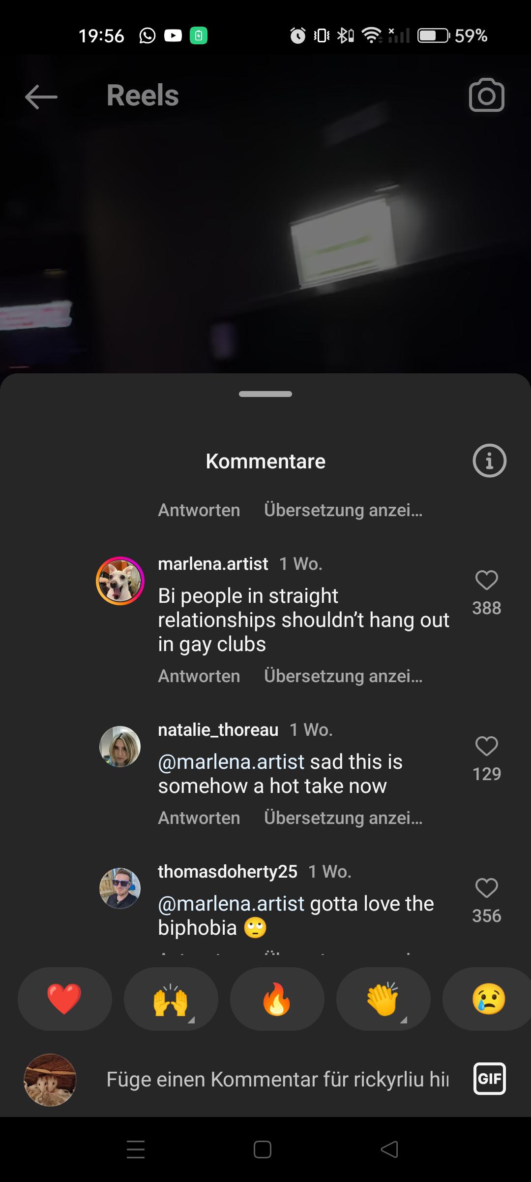 Bisexual and queer identity debate in an Instagram Reels comment section regarding gay clubs.