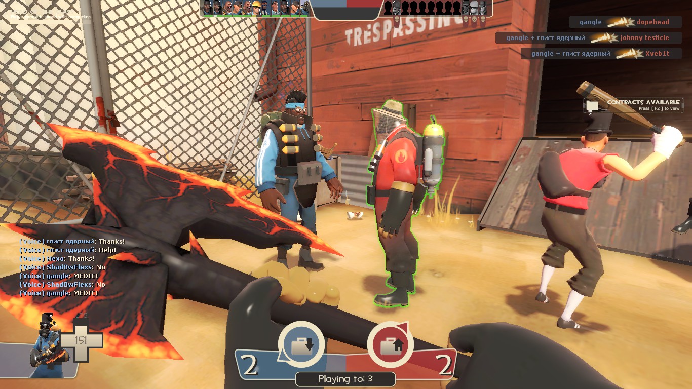 Team Fortress 2 characters in stylized costumes and armor fighting in an industrial facility