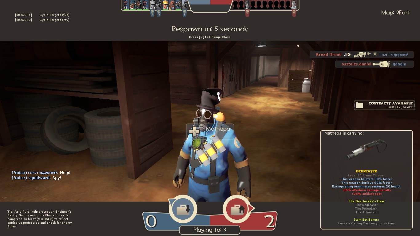 Team Fortress 2 characters in stylized costumes and armor fighting in an industrial facility