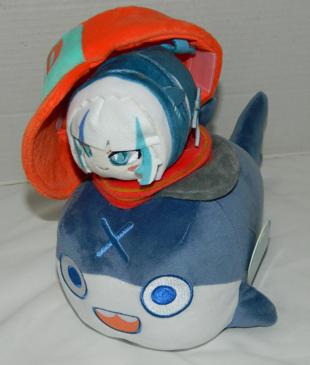 Gawr Gura shark plush wearing an orange baseball cap with a small anime figure inside