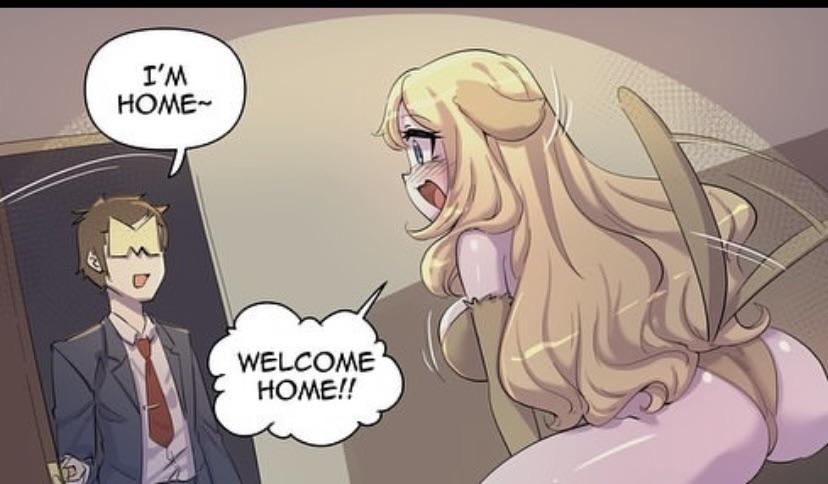 Anime comic of a man returning home to a busty dog girl, catgirl, and bunny girl in a pet play scenario.