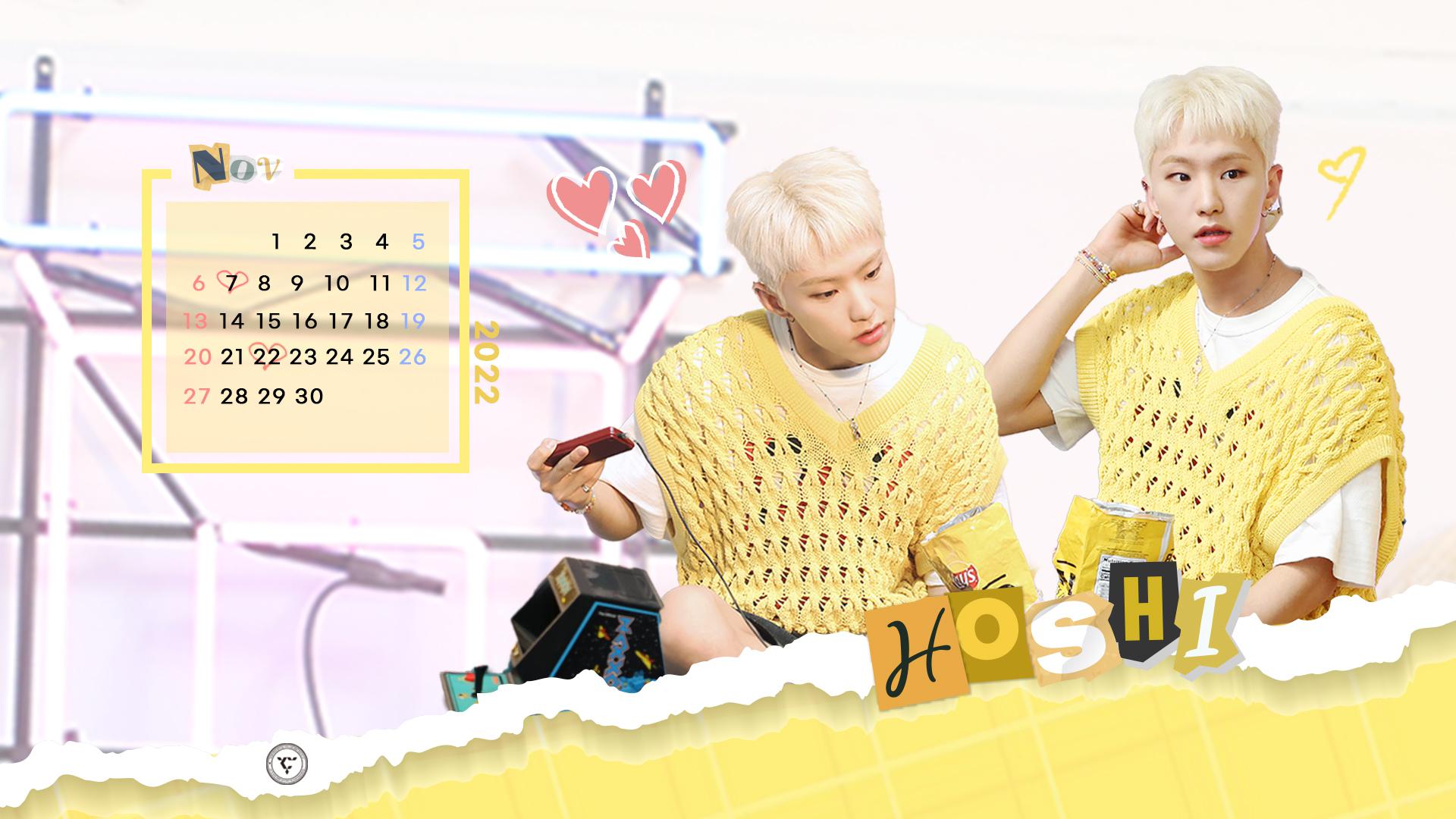 HOSHI from Seventeen in kpop idol yearbook photos with November calendars and autumn aesthetic wallpapers