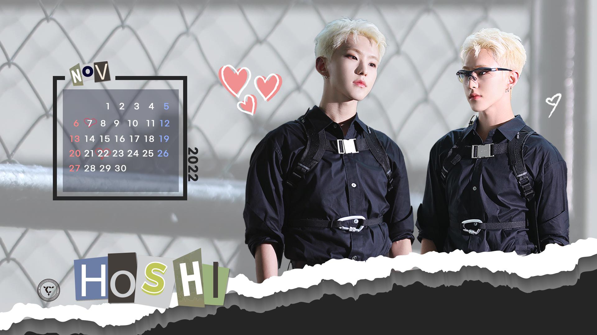 HOSHI from Seventeen in kpop idol yearbook photos with November calendars and autumn aesthetic wallpapers