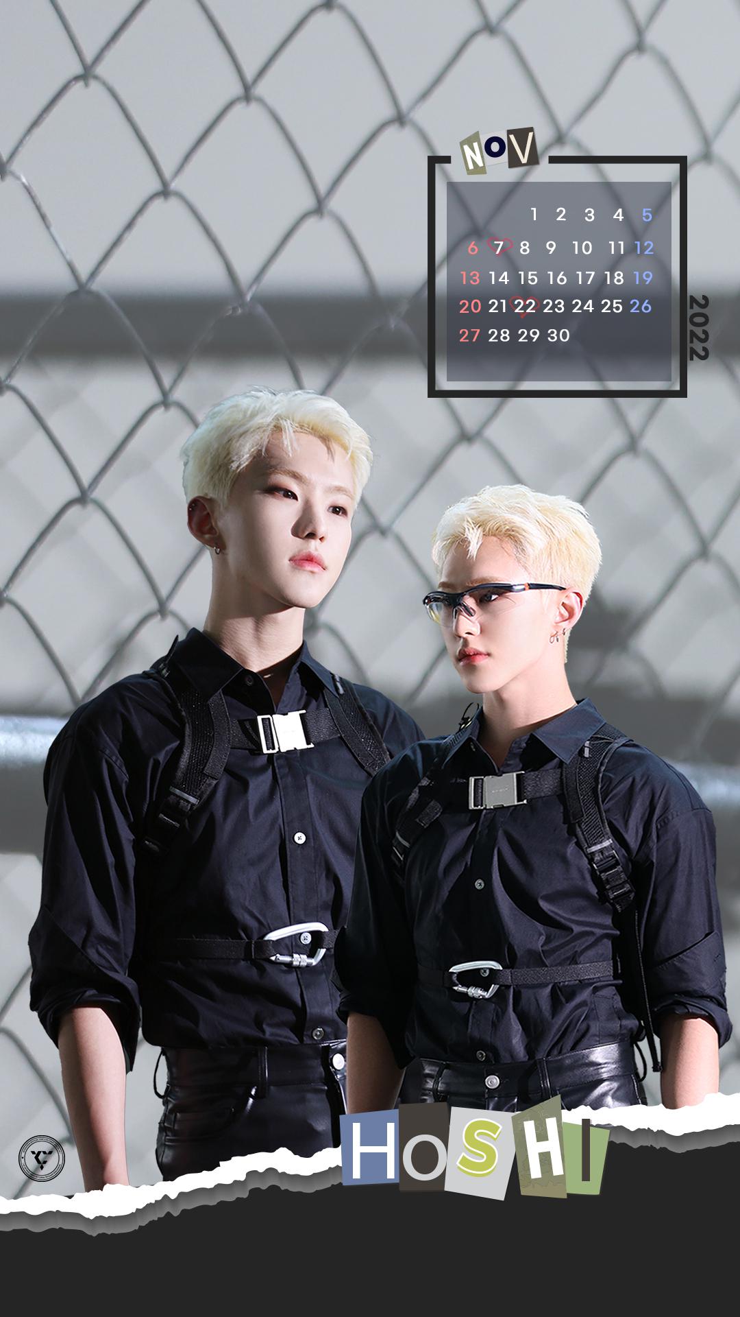 HOSHI from Seventeen in kpop idol yearbook photos with November calendars and autumn aesthetic wallpapers