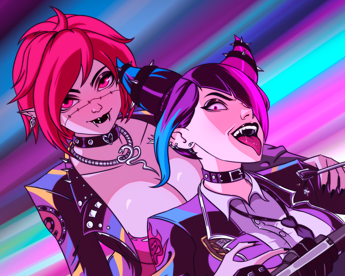Street Fighter Juri and Poison posing with a motorcycle in punk leather jackets