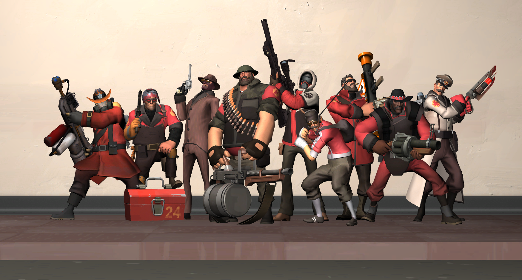 TF2 fashion loadouts featuring nine characters in red and brown tactical clothing with weapons and a medical kit