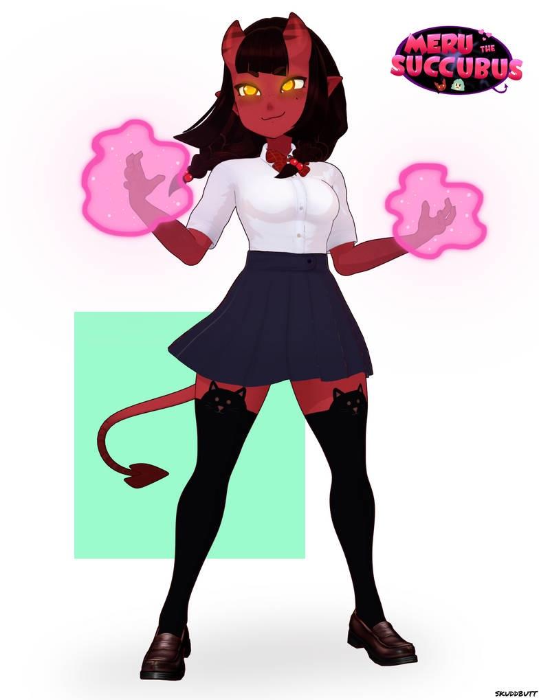 Meru the succubus, a curvy red-skinned monster girl in a school uniform, black bikini, and gagged