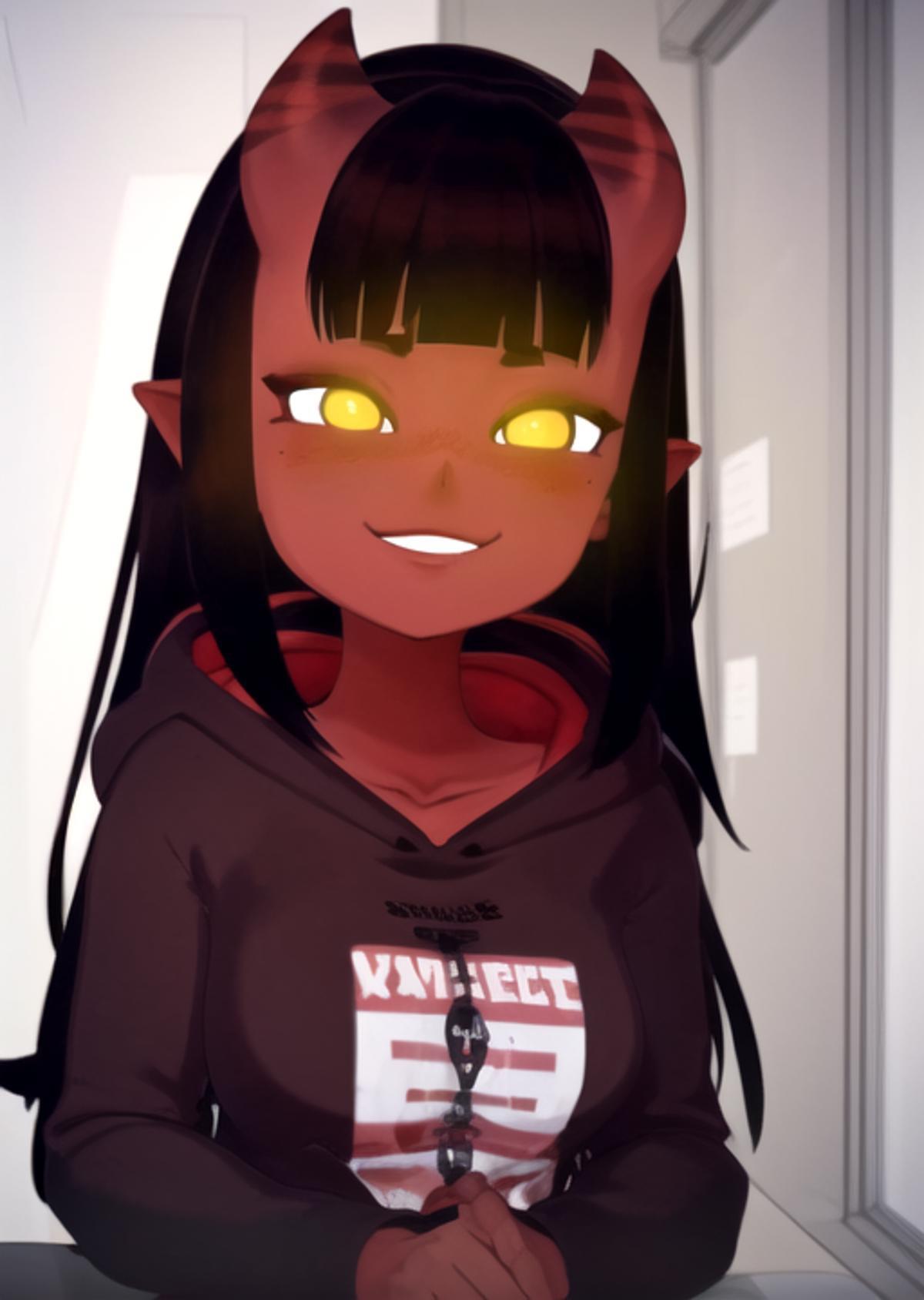 Meru the succubus, a curvy red-skinned monster girl in a school uniform, black bikini, and gagged