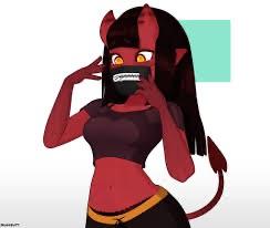 Meru the succubus, a curvy red-skinned monster girl in a school uniform, black bikini, and gagged