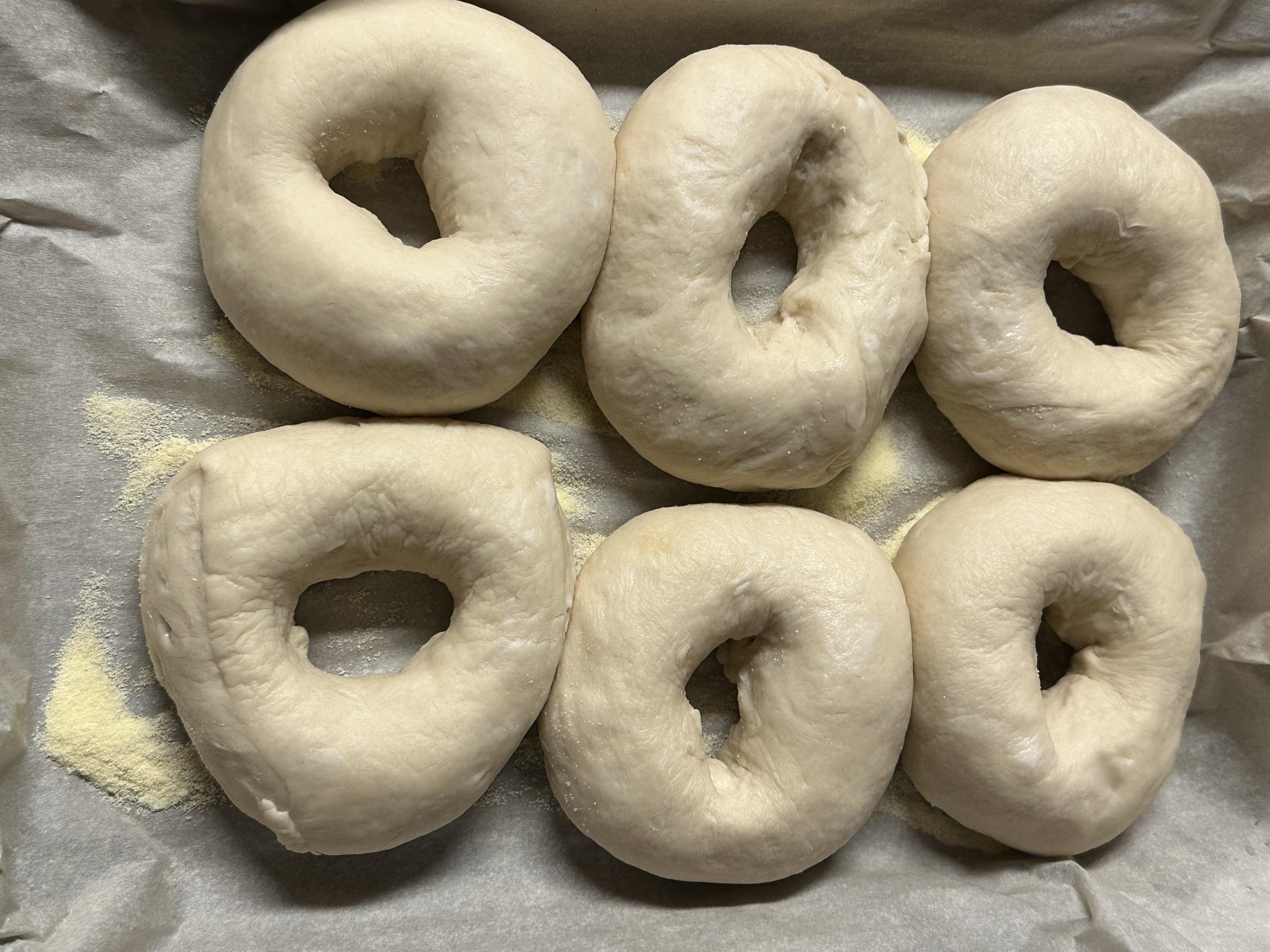 Homemade bagels on a cutting board in a kitchen, including a Cuisinart pot and a bagel sandwich.