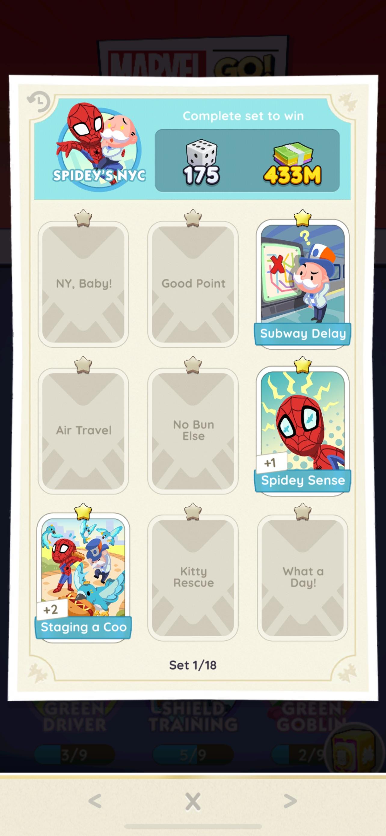 Monopoly Go Trading sticker cards including Muscle Builders and comic characters in colorful costumes