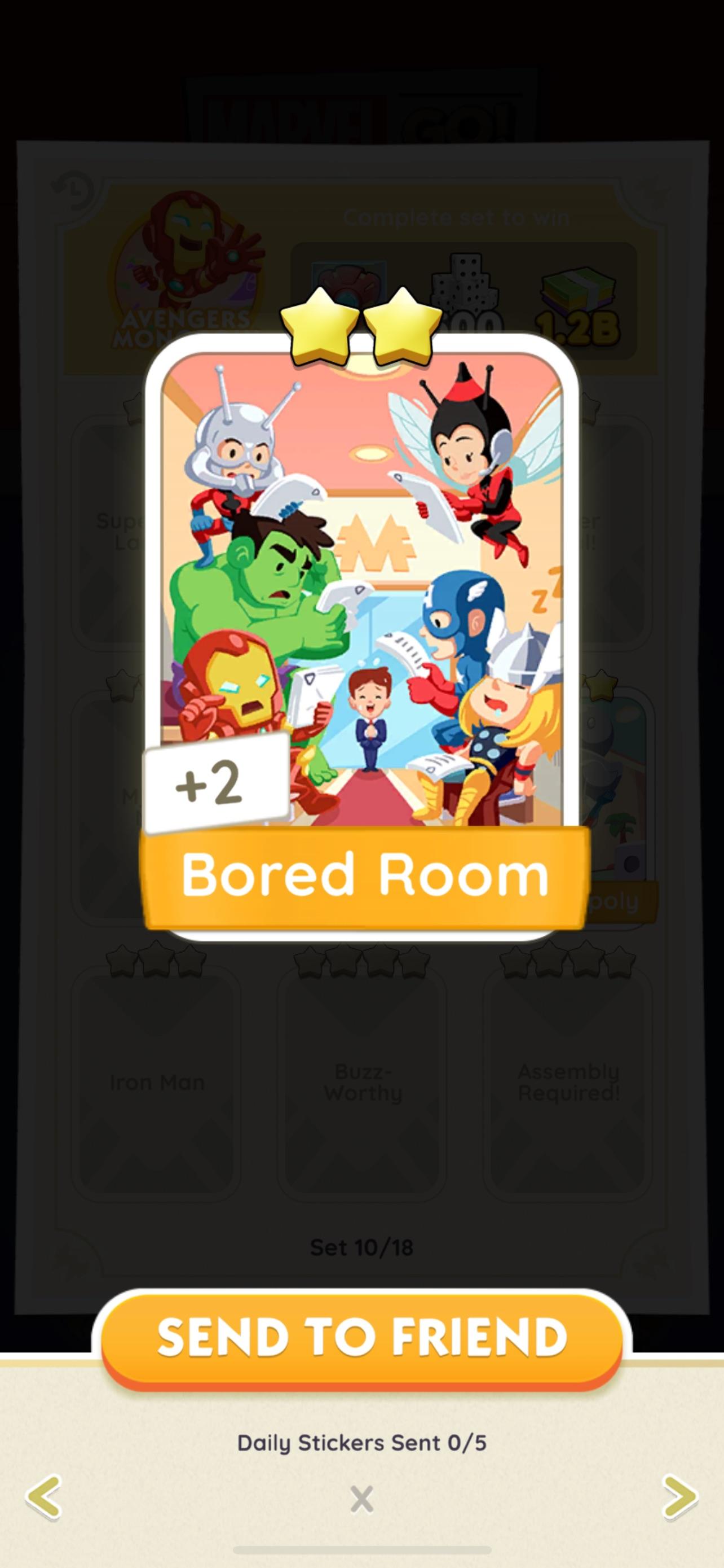 Monopoly Go Trading sticker cards including Muscle Builders and comic characters in colorful costumes