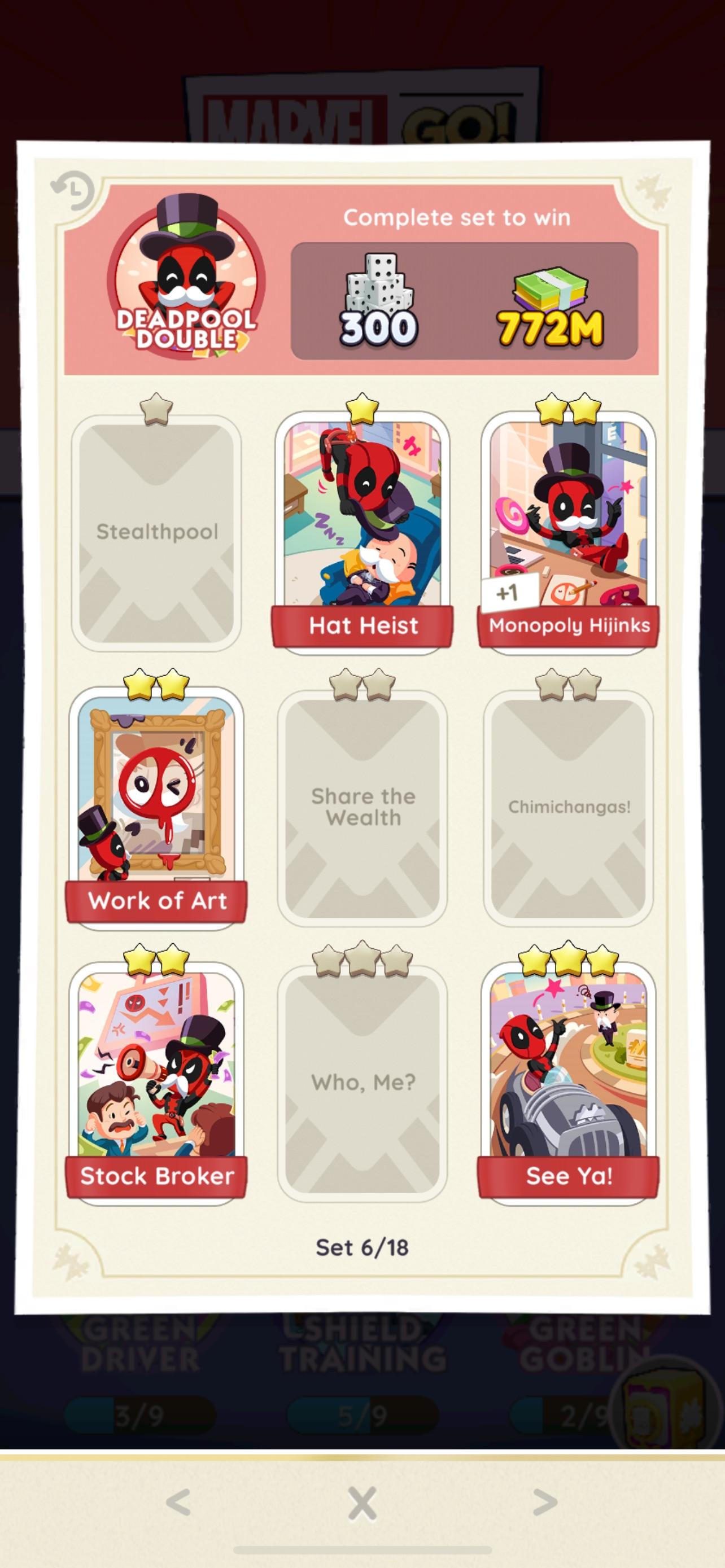 Monopoly Go Trading sticker cards including Muscle Builders and comic characters in colorful costumes