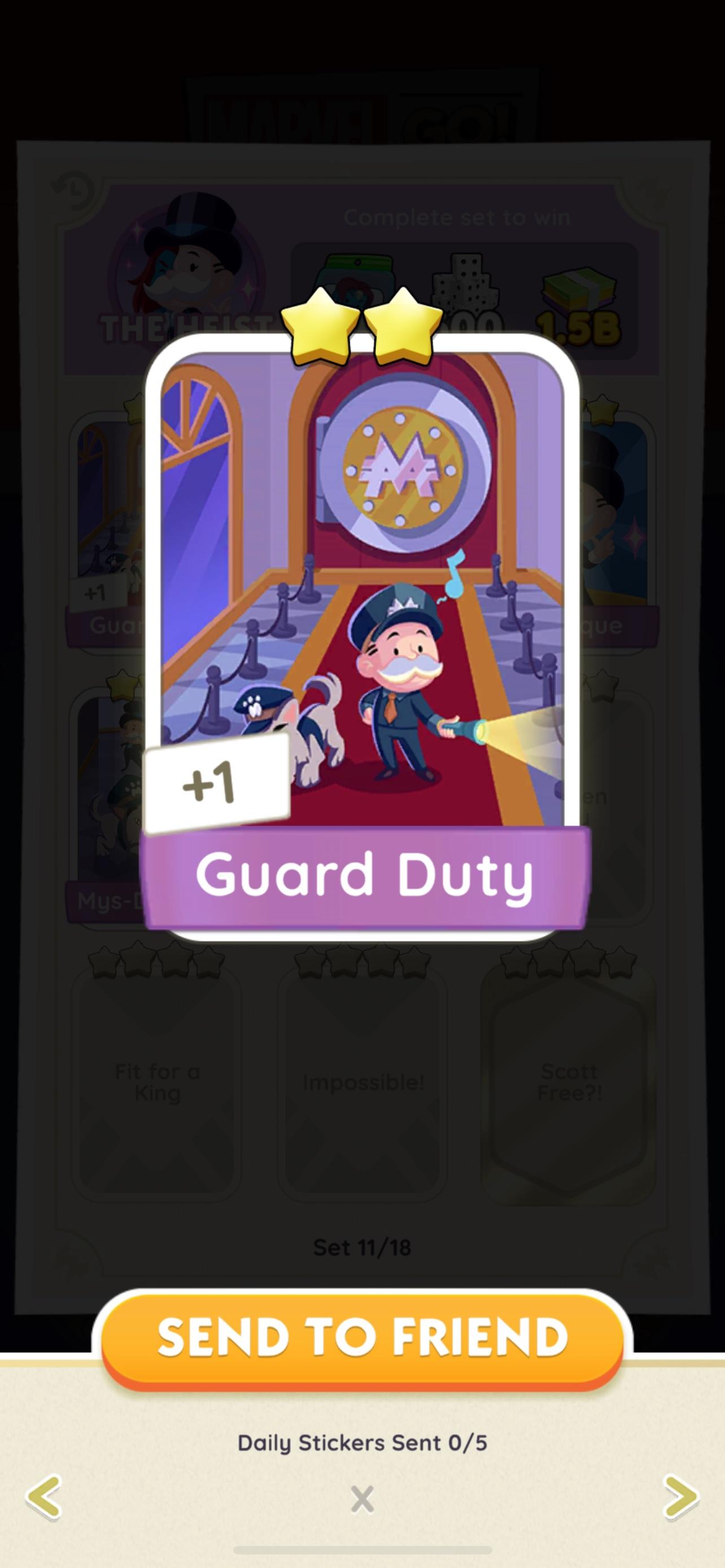 Monopoly Go Trading sticker cards including Muscle Builders and comic characters in colorful costumes
