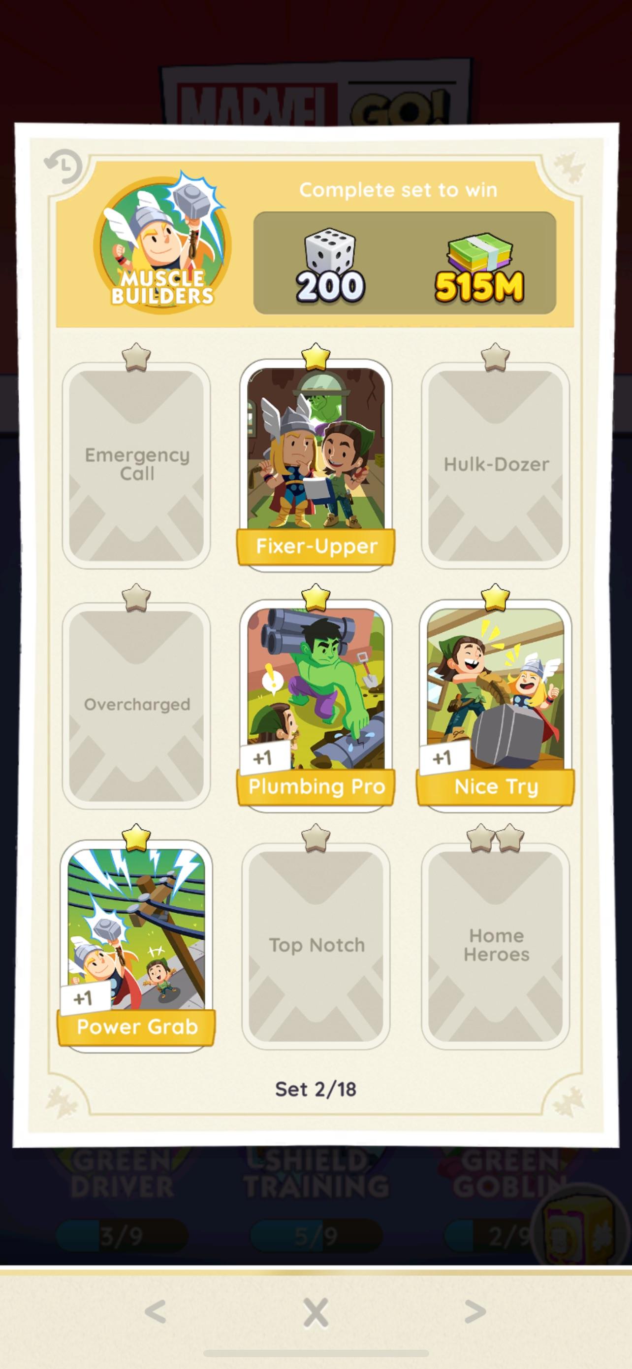 Monopoly Go Trading sticker cards including Muscle Builders and comic characters in colorful costumes