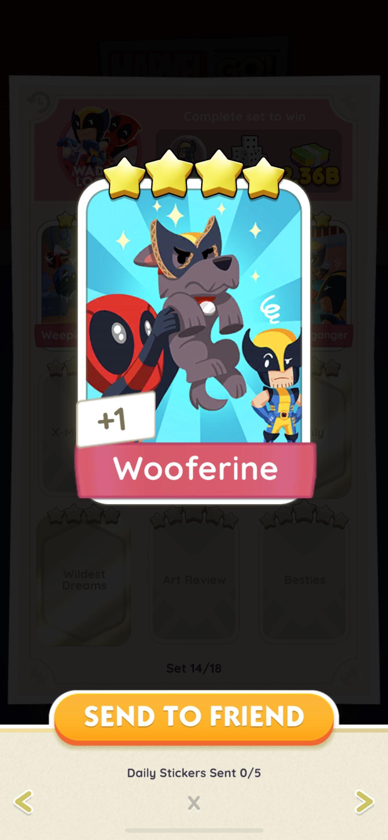 Monopoly Go Trading sticker cards including Muscle Builders and comic characters in colorful costumes