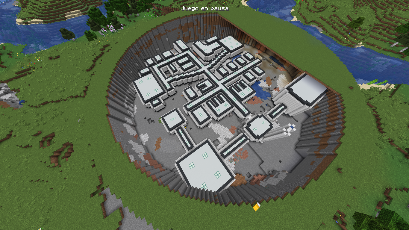 SCP Foundation mega build in Minecraft featuring sterile sci-fi corridors and an aerial view of the base