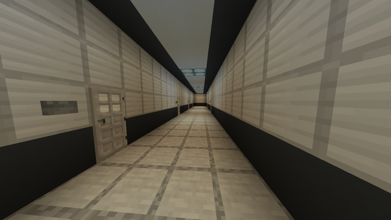 SCP Foundation mega build in Minecraft featuring sterile sci-fi corridors and an aerial view of the base