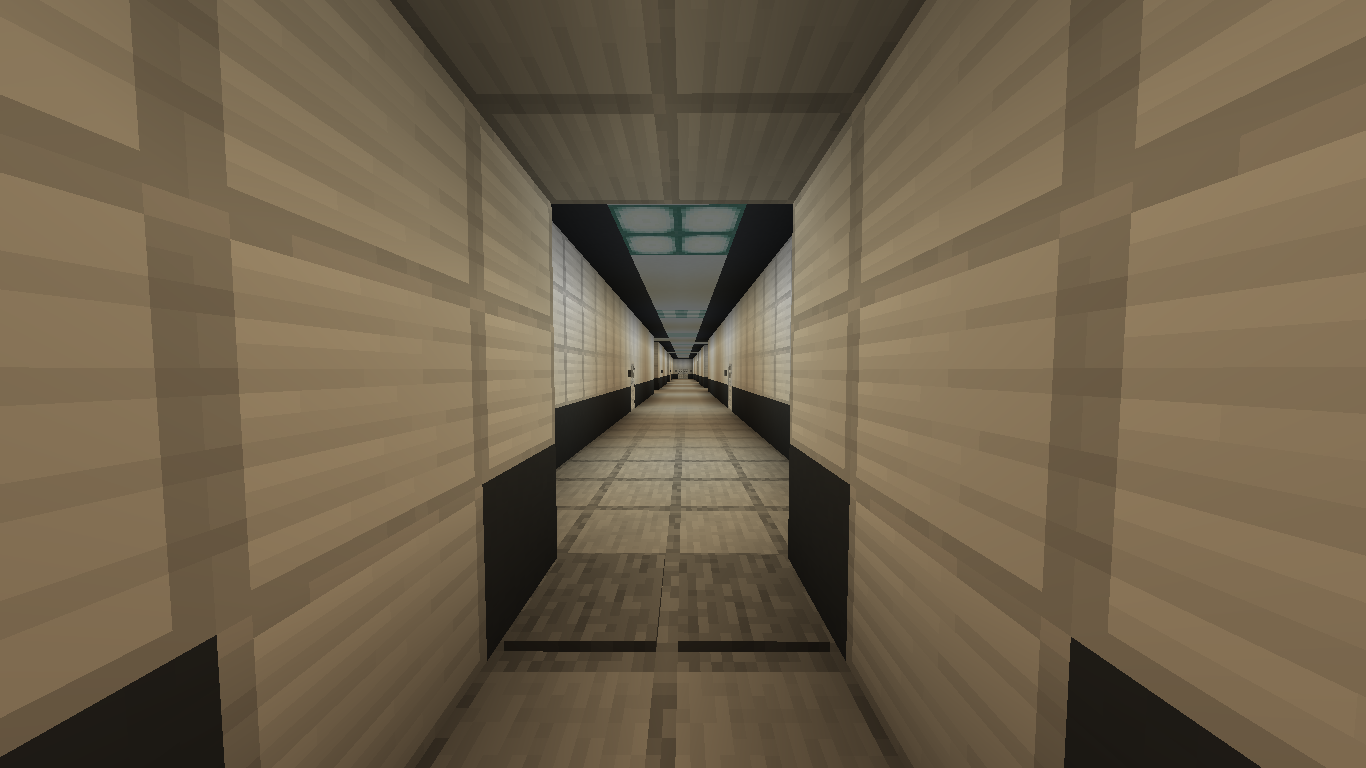 SCP Foundation mega build in Minecraft featuring sterile sci-fi corridors and an aerial view of the base