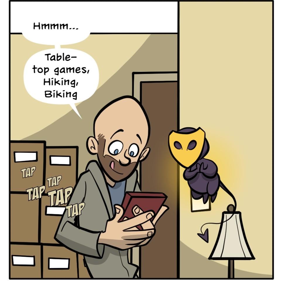 Gay-ish funny web comic of a bald man in a grey jacket updating his dating profile with a masked creature.