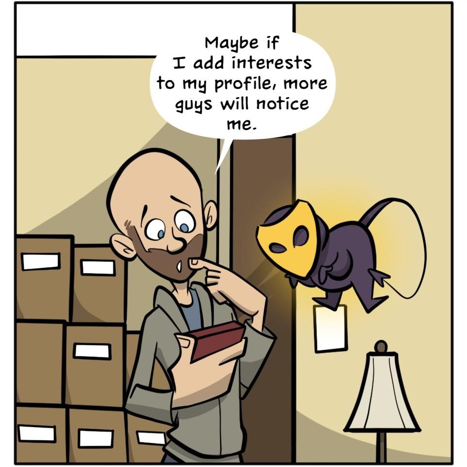 Gay-ish funny web comic of a bald man in a grey jacket updating his dating profile with a masked creature.