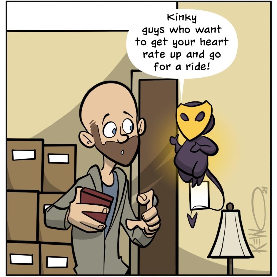 Gay-ish funny web comic of a bald man in a grey jacket updating his dating profile with a masked creature.