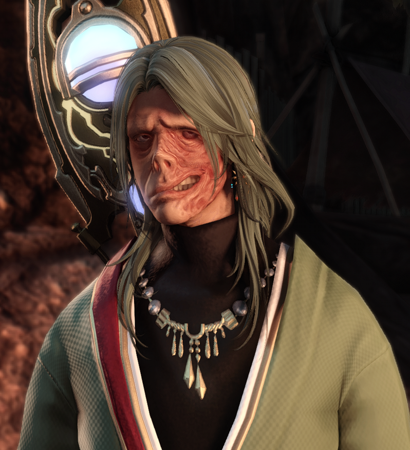 FFXIV custom sculpt of a slender character with long grey hair, pale skin with red facial scars, and green robes.