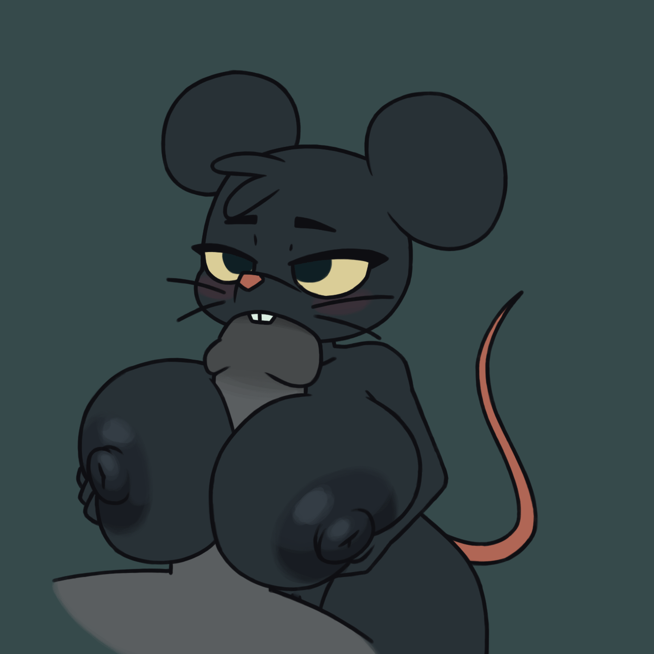 Busty anthropomorphic black mouse bimbo standing with a smug expression against a dark background.