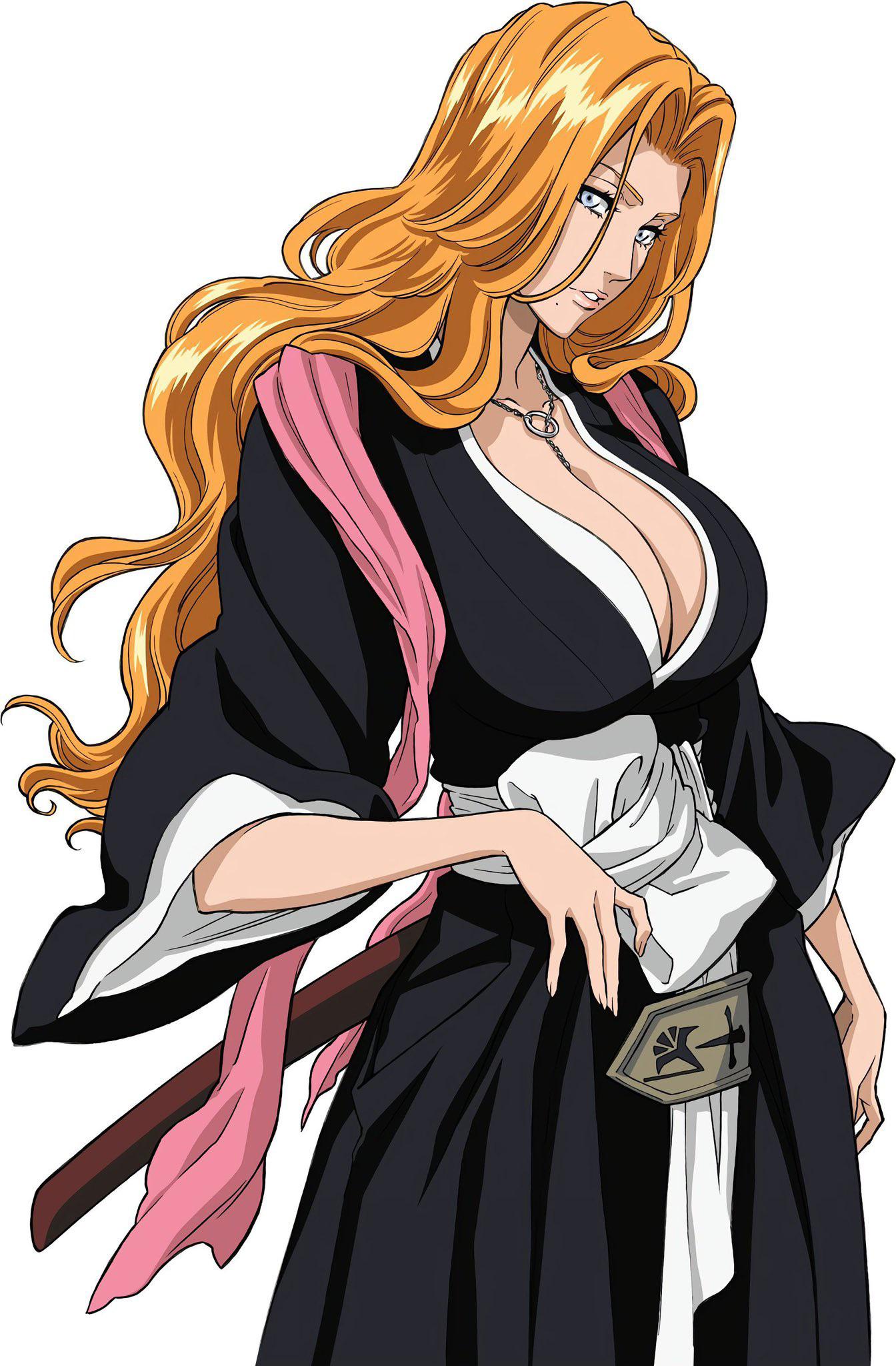 Matsumoto Rangiku from Bleach in a black and pink kimono and a purple bikini with a white shirt, lying down.
