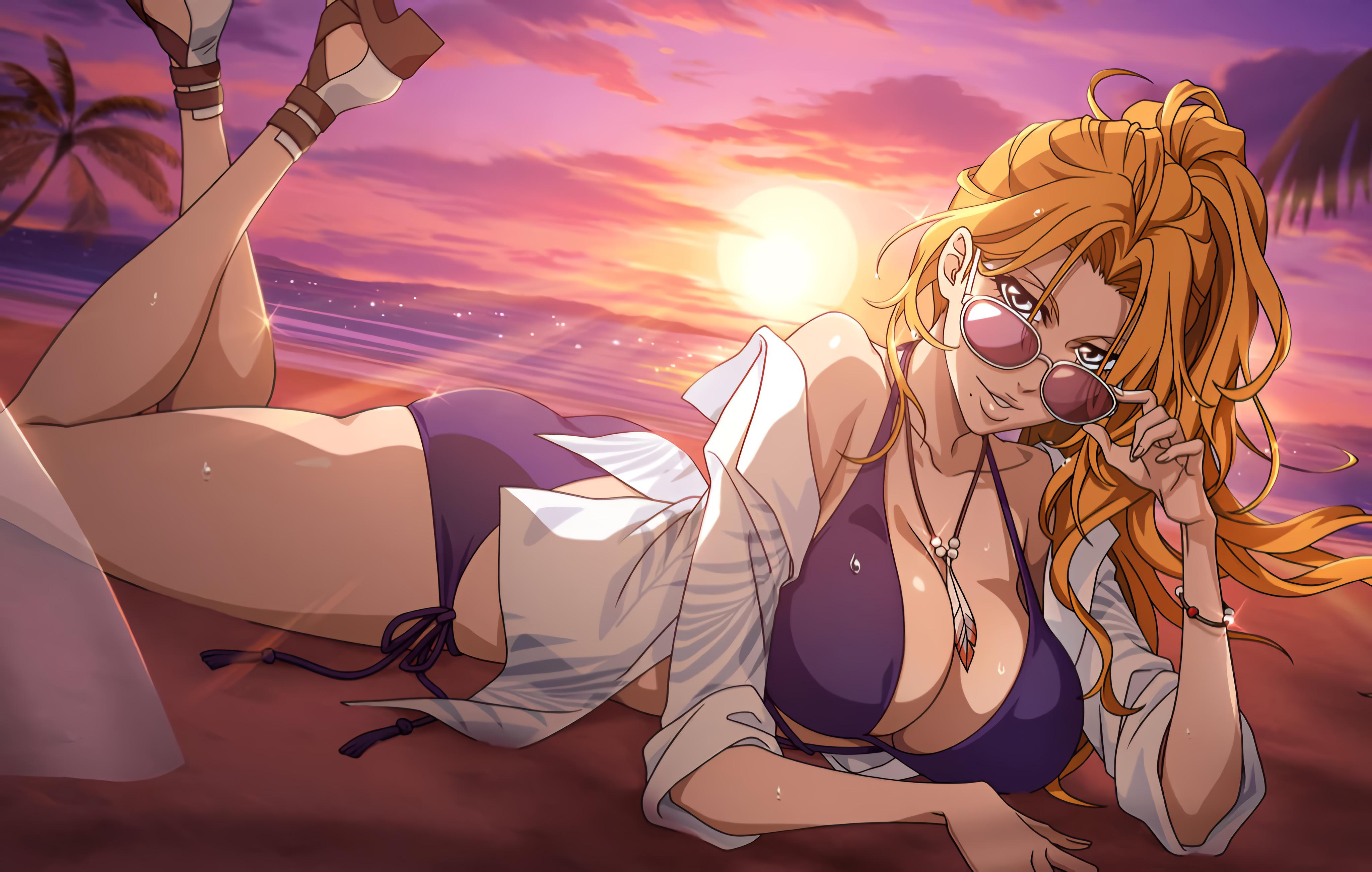Matsumoto Rangiku from Bleach in a black and pink kimono and a purple bikini with a white shirt, lying down.