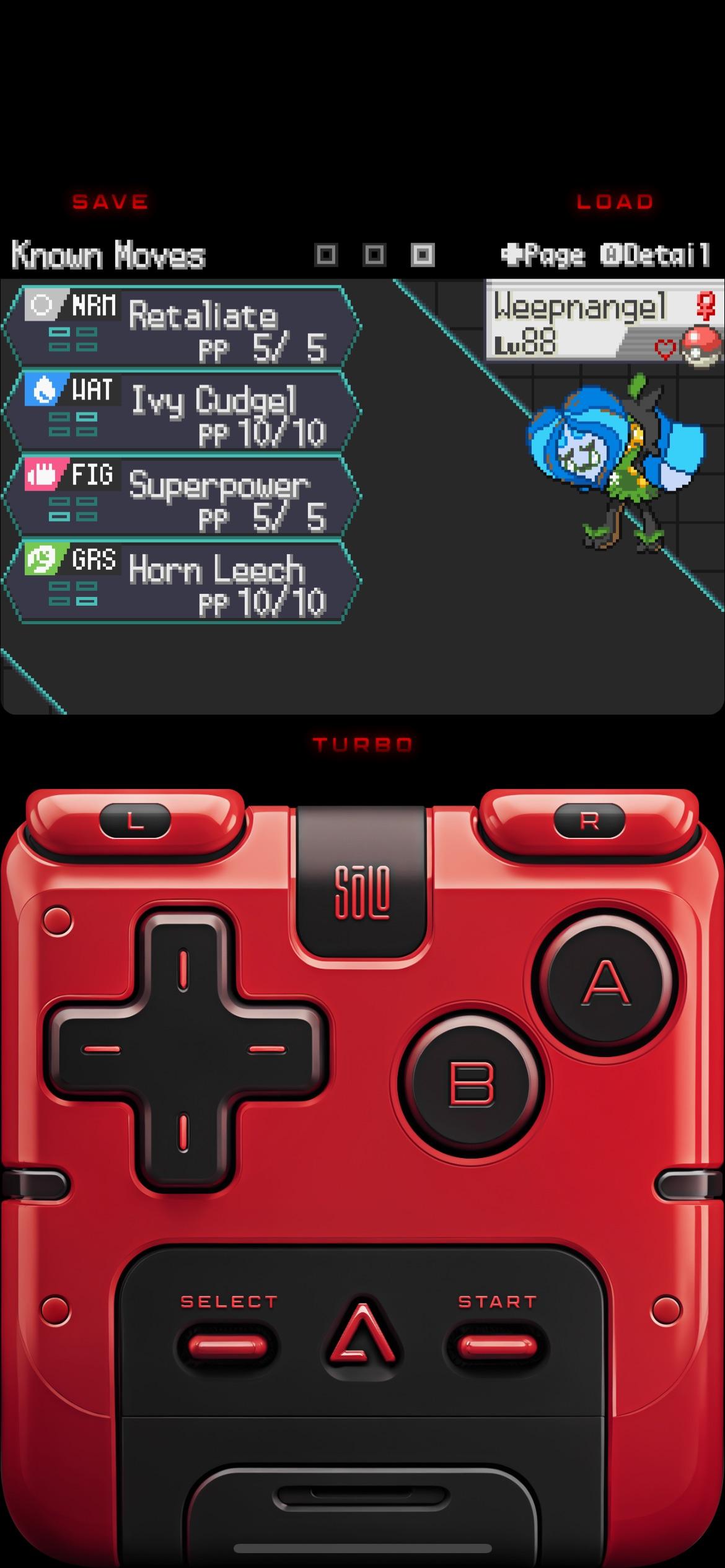Pokemon Radical Red mono water run team move sets and a red handheld game controller on a black background