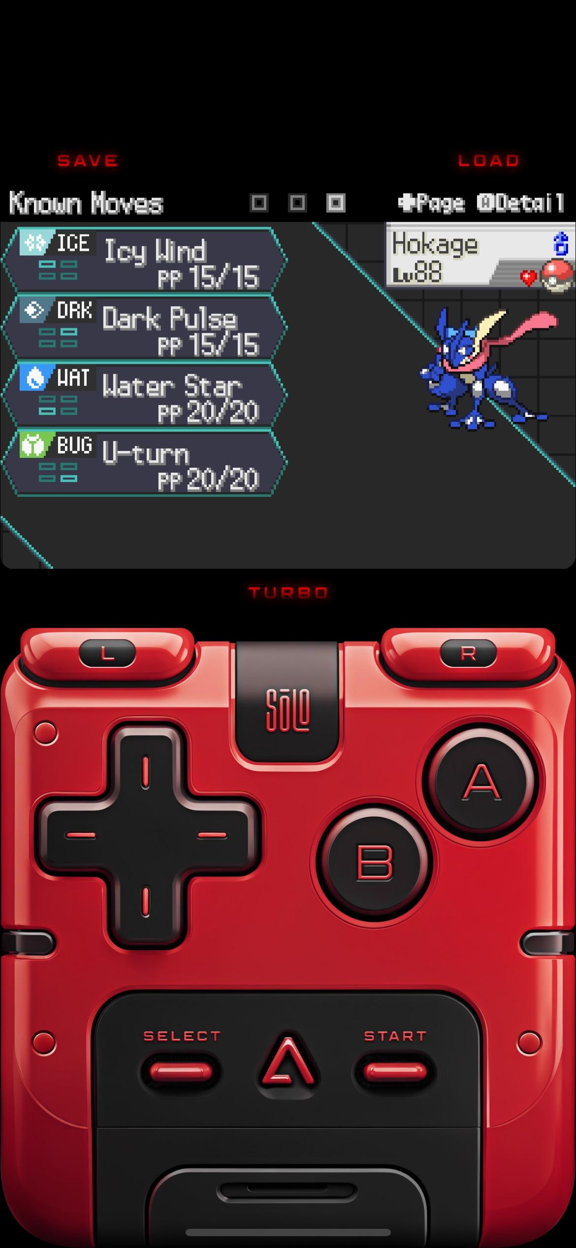 Pokemon Radical Red mono water run team move sets and a red handheld game controller on a black background