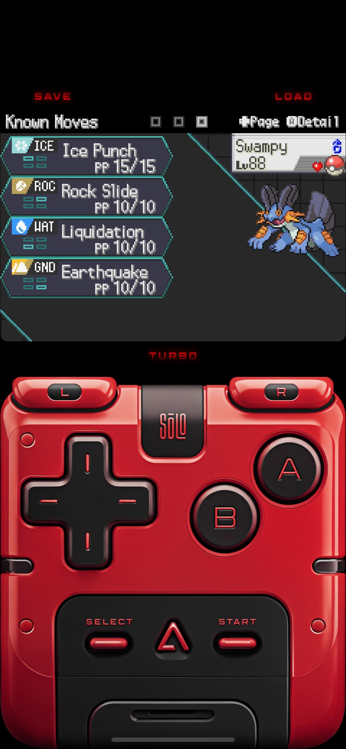 Pokemon Radical Red mono water run team move sets and a red handheld game controller on a black background