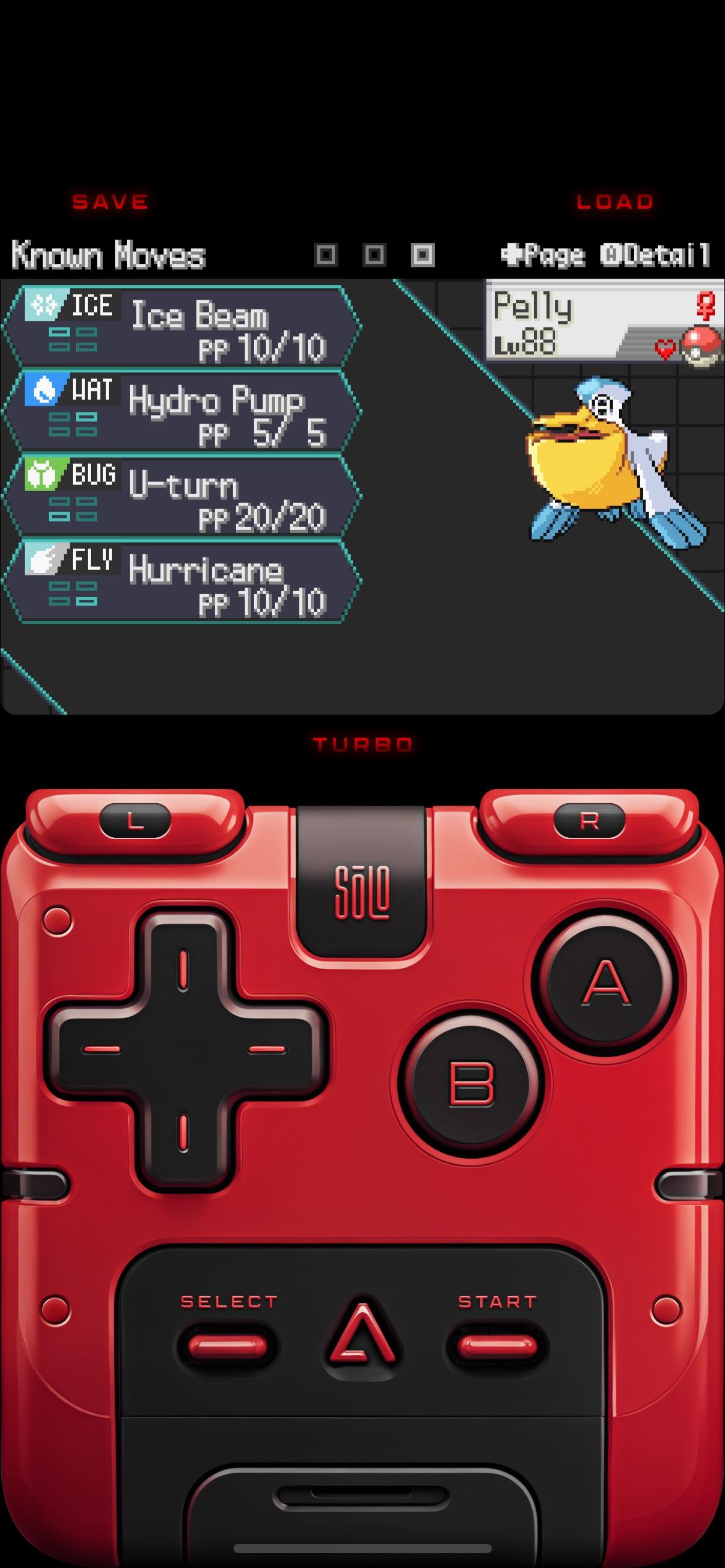 Pokemon Radical Red mono water run team move sets and a red handheld game controller on a black background