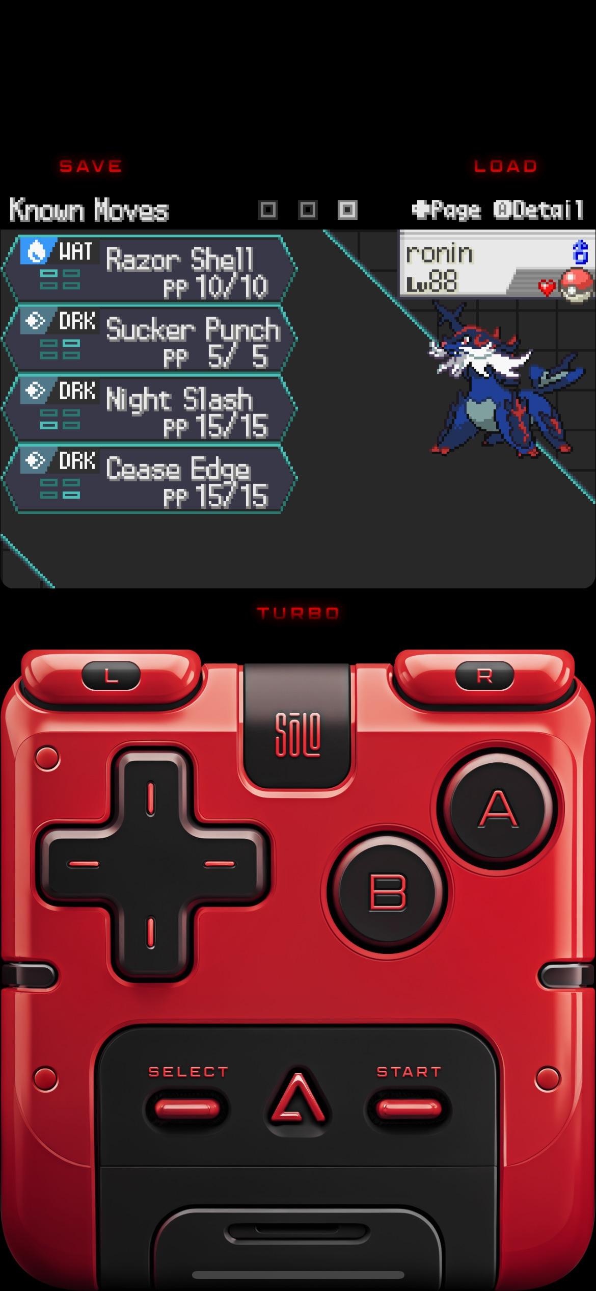 Pokemon Radical Red mono water run team move sets and a red handheld game controller on a black background