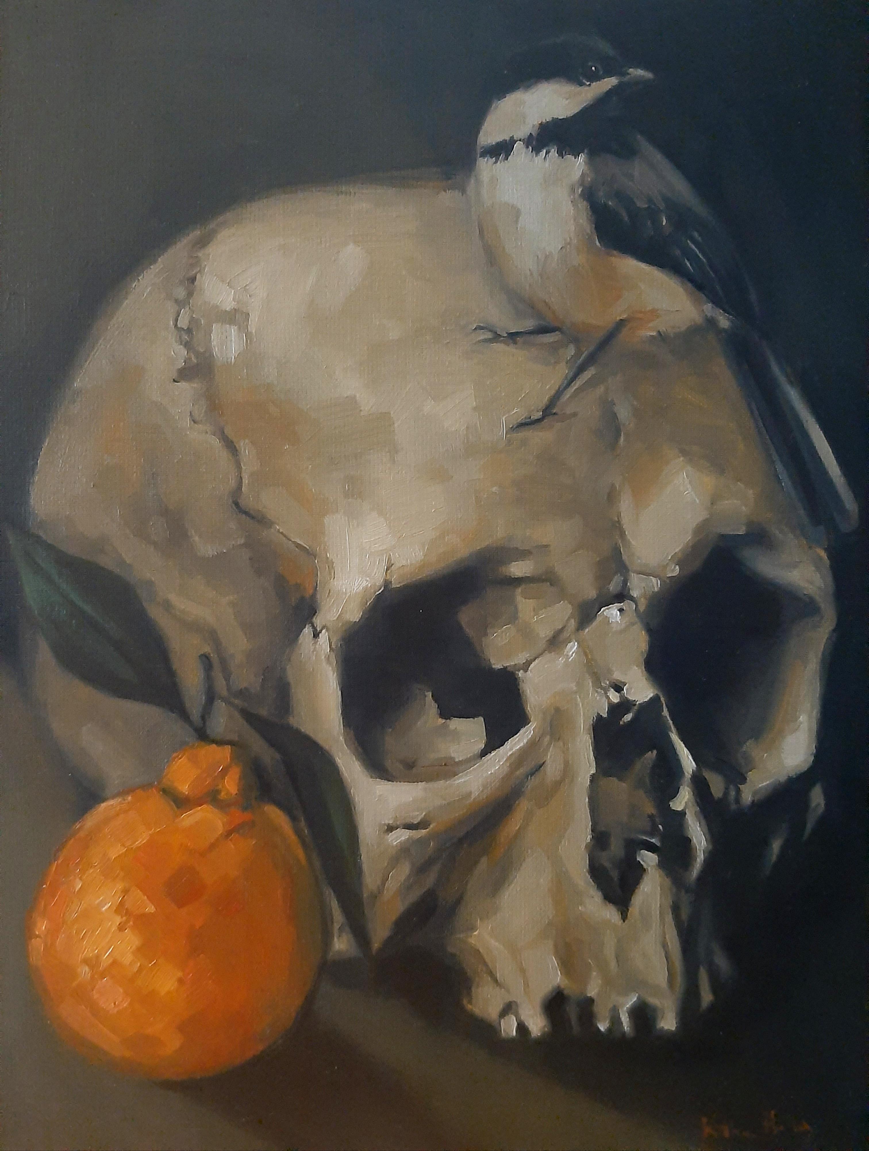 Skull with chickadee, me, oils, 2021 | Scrolller