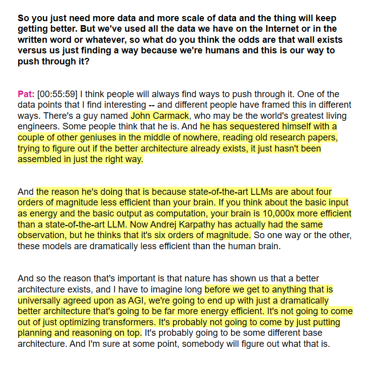 State-of-the-art LLMs are 4 to 6 orders of magnitude less efficient than human brain. A dramatically better architecture is needed to get to AGI.