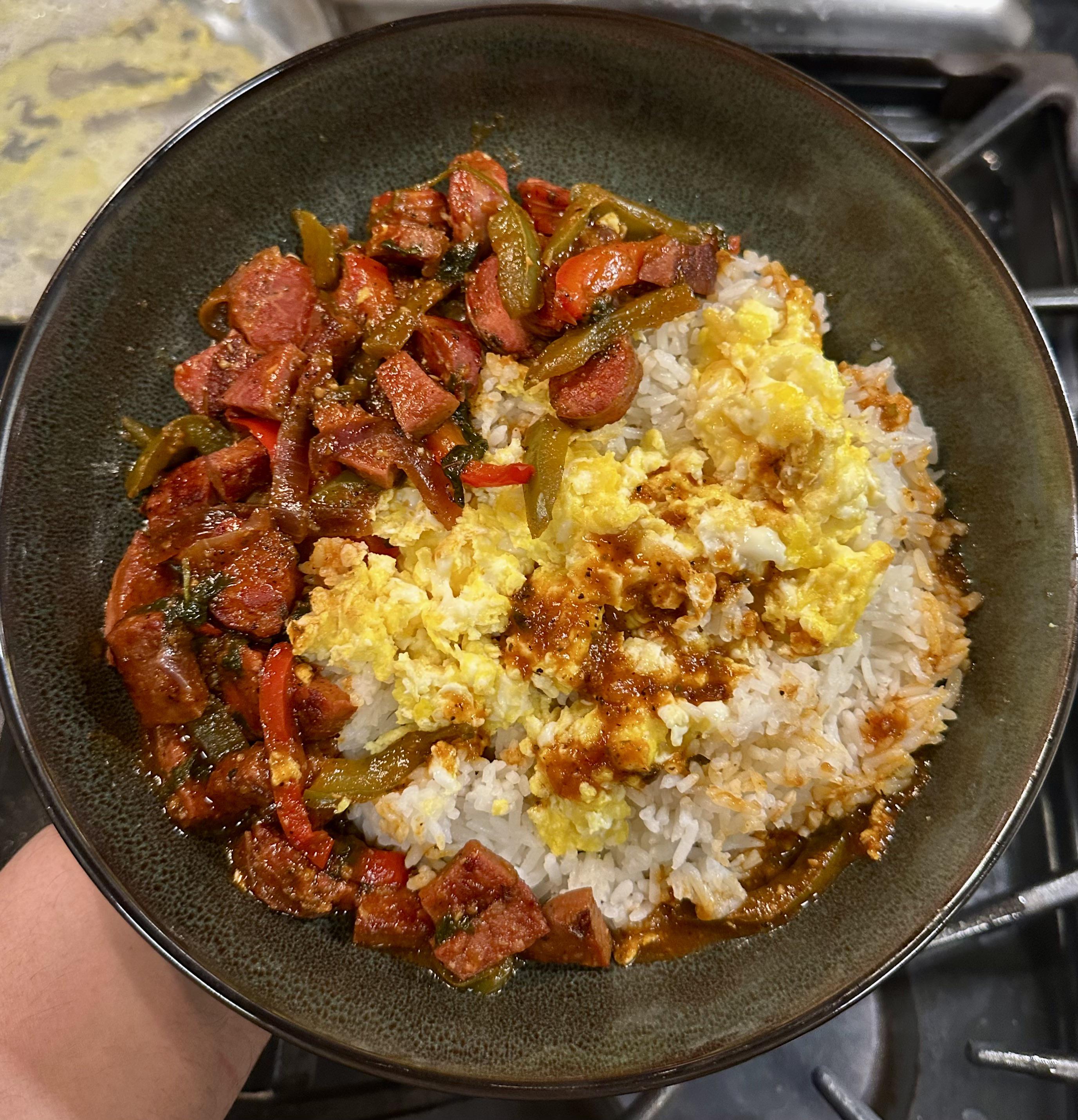 Stewed salami and longaniza with rice and eggs. [homemade] | Scrolller