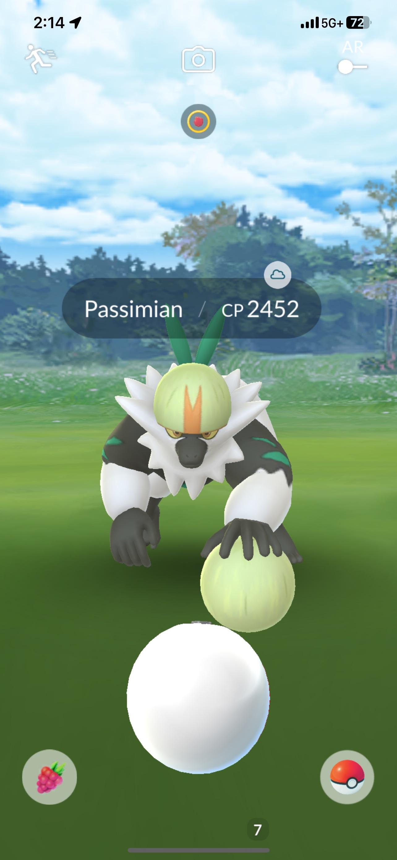 Pokémon GO screenshot of a Passimian with 2452 in a grassy field in Oregon with a Pokéball in the foreground