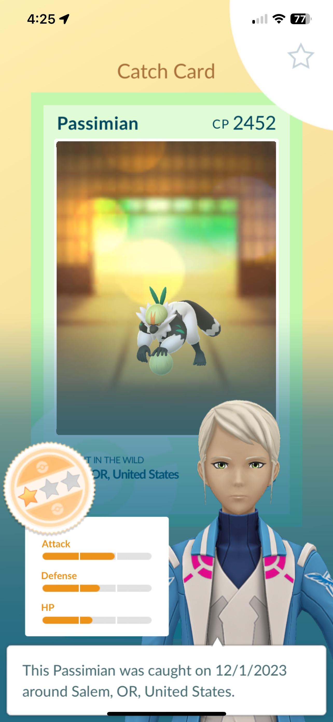 Pokémon GO screenshot of a Passimian with 2452 in a grassy field in Oregon with a Pokéball in the foreground