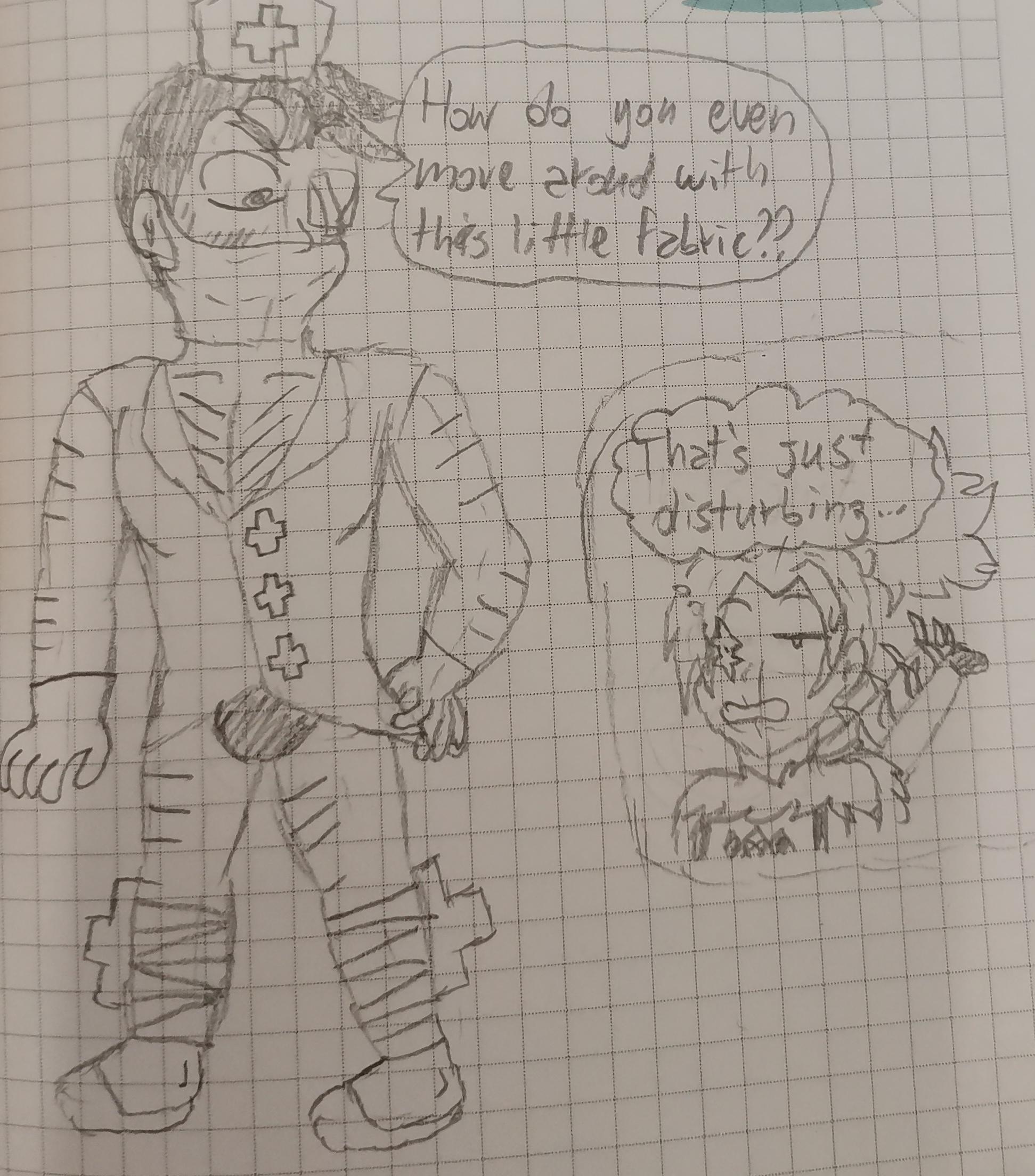 Skullgirls fan art drawing of a man in a revealing nurse outfit and another character on grid paper.