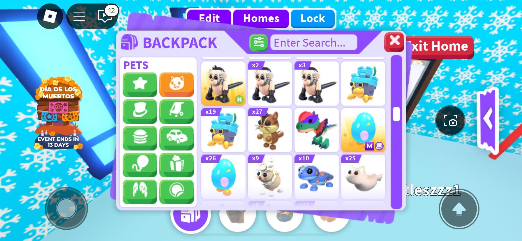 Adopt Me! backpack menu showing virtual pets including a capybara, corgi, cats, and puppies