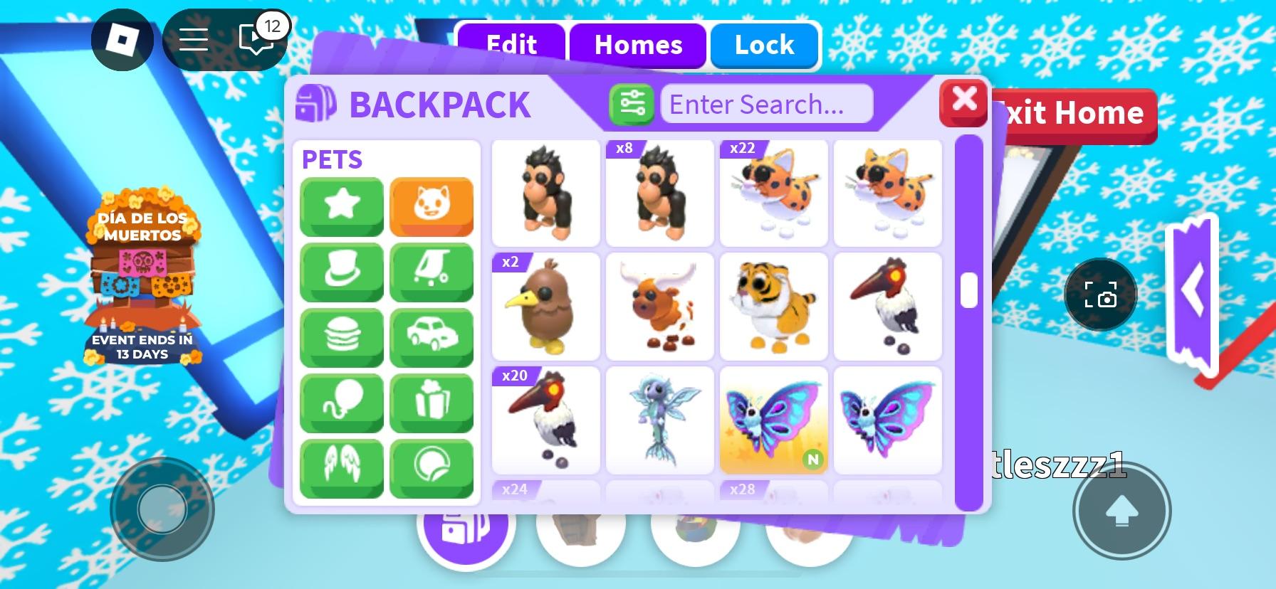 Adopt Me! backpack menu showing virtual pets including a capybara, corgi, cats, and puppies