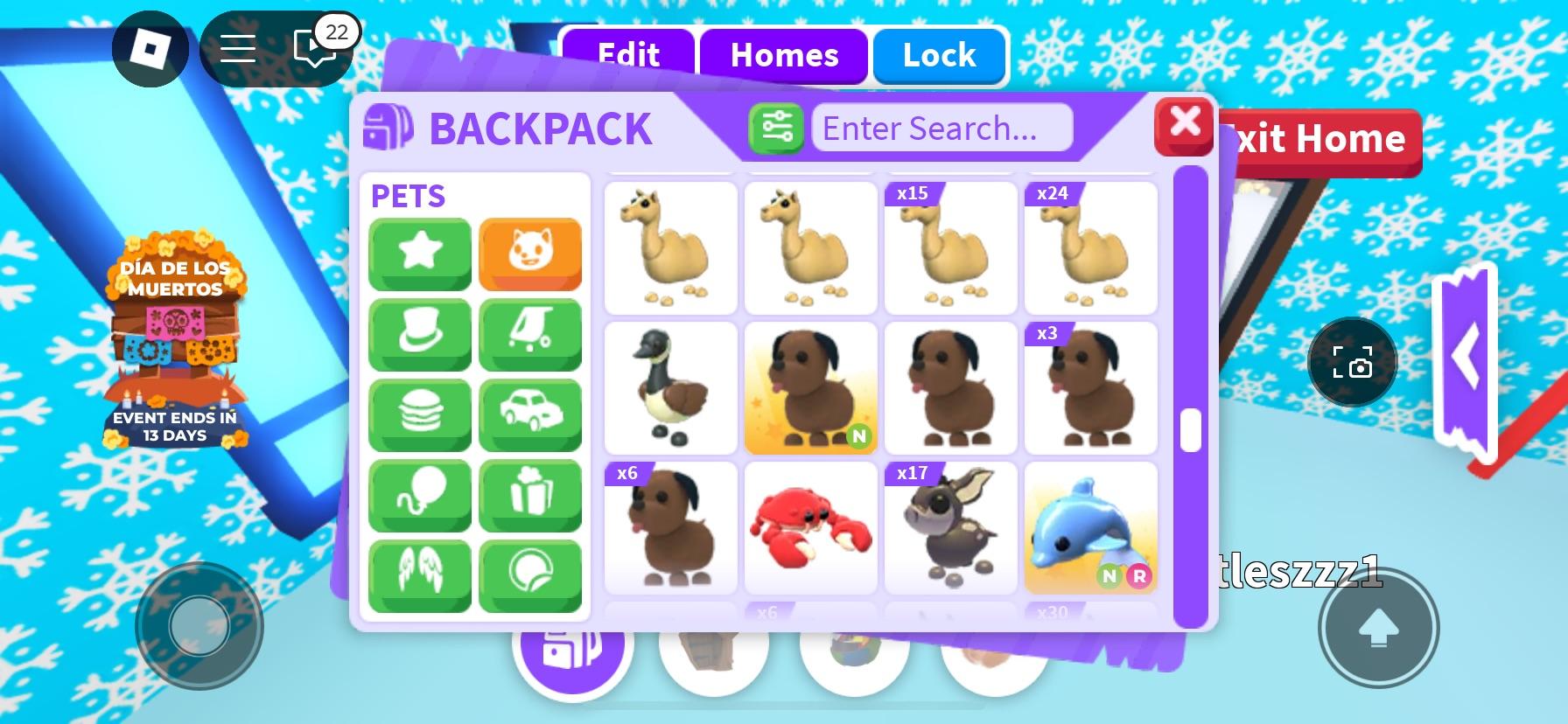 Adopt Me! backpack menu showing virtual pets including a capybara, corgi, cats, and puppies
