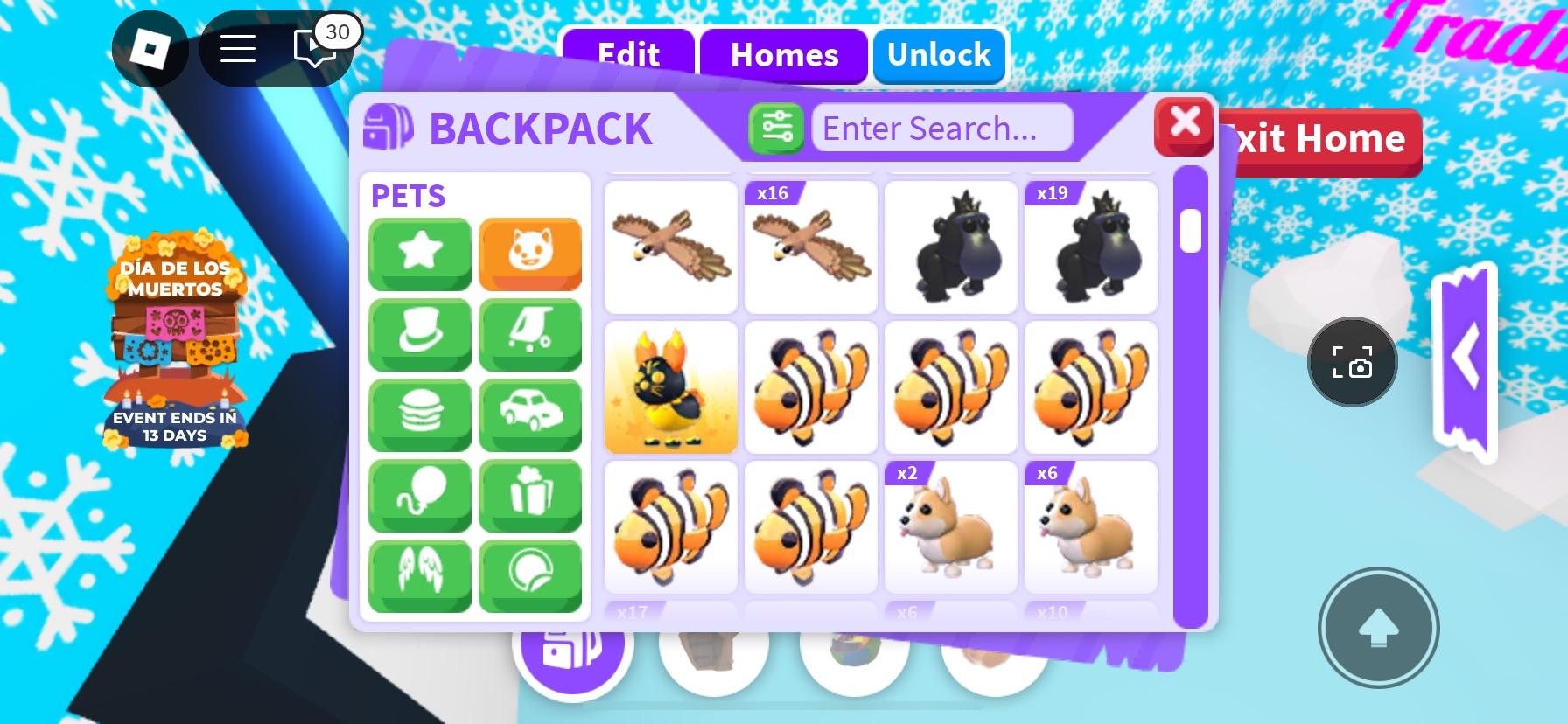 Adopt Me! backpack menu showing virtual pets including a capybara, corgi, cats, and puppies