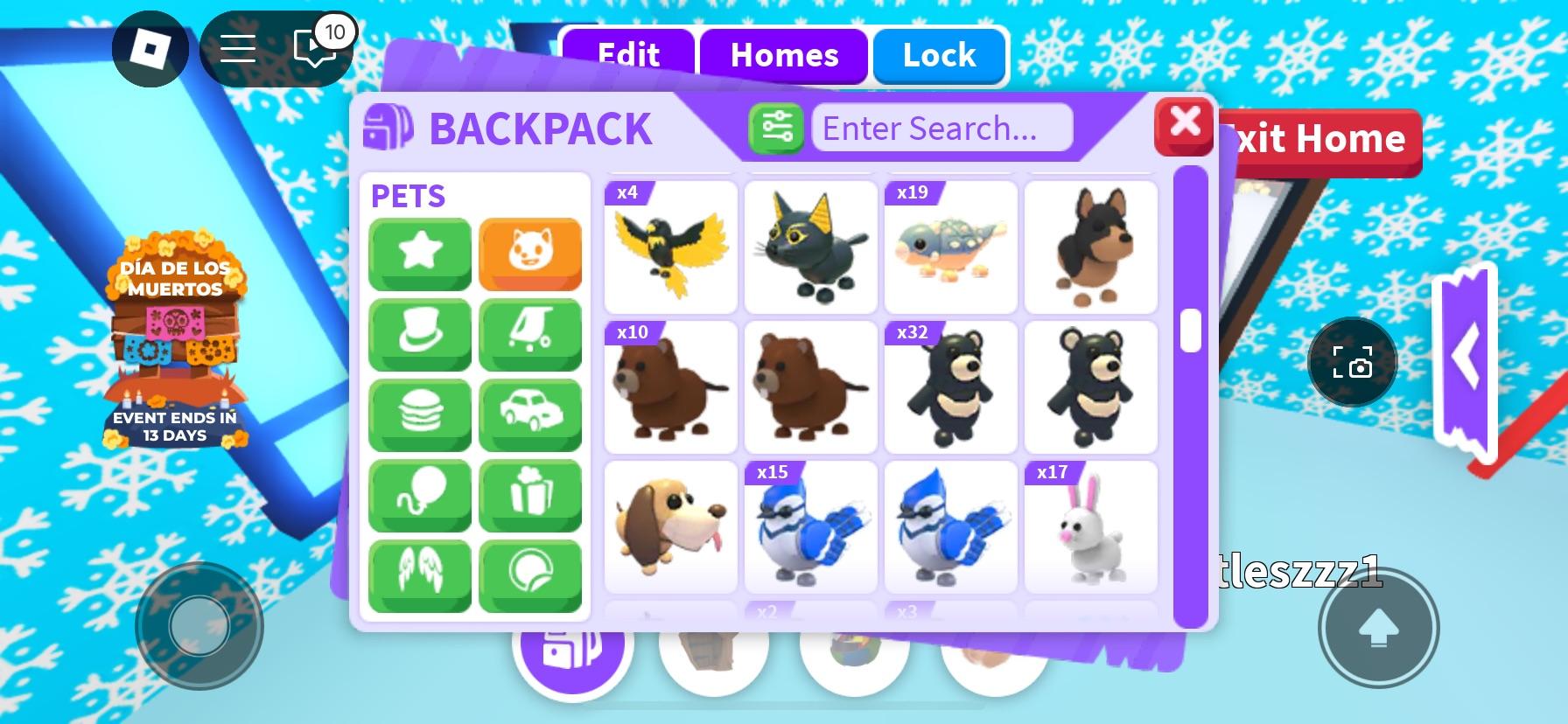 Adopt Me! backpack menu showing virtual pets including a capybara, corgi, cats, and puppies