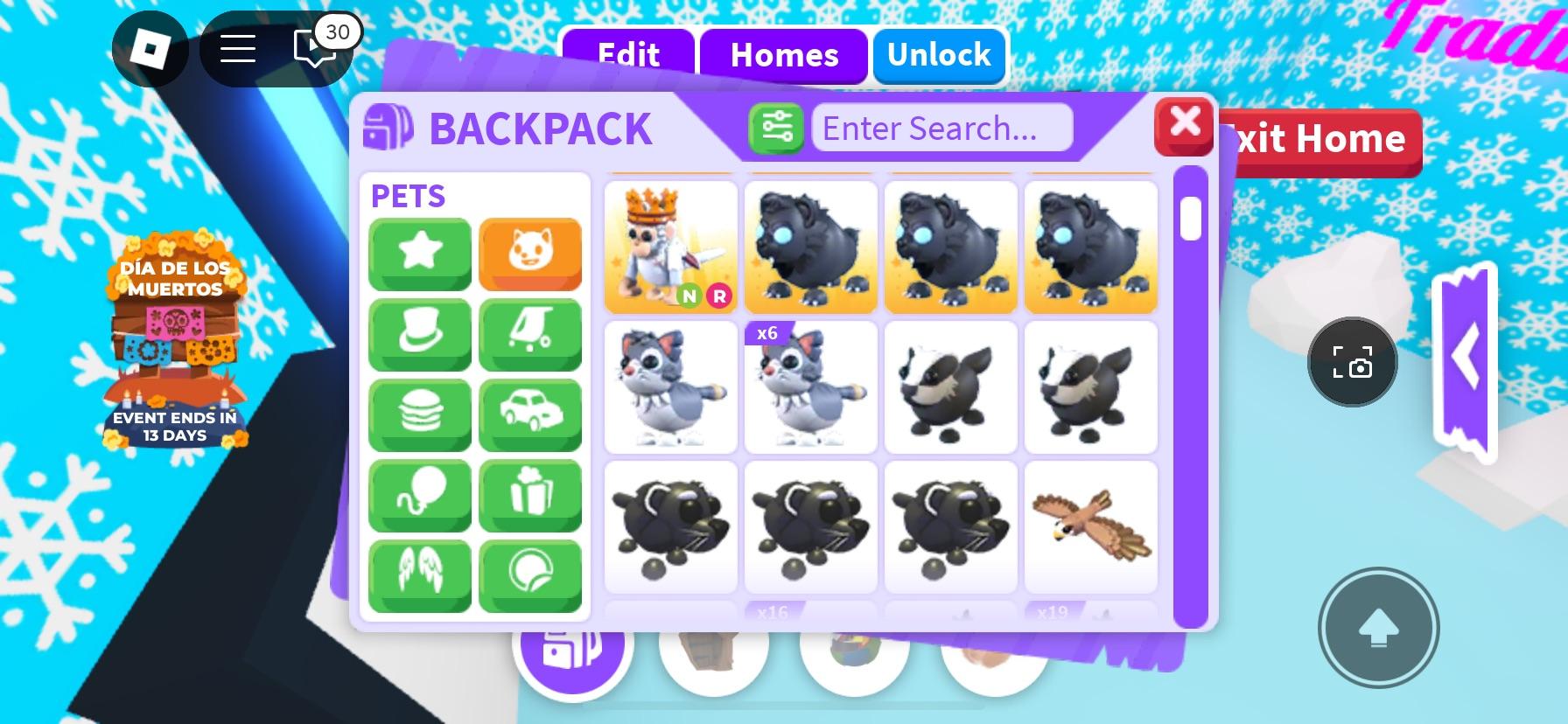 Adopt Me! backpack menu showing virtual pets including a capybara, corgi, cats, and puppies