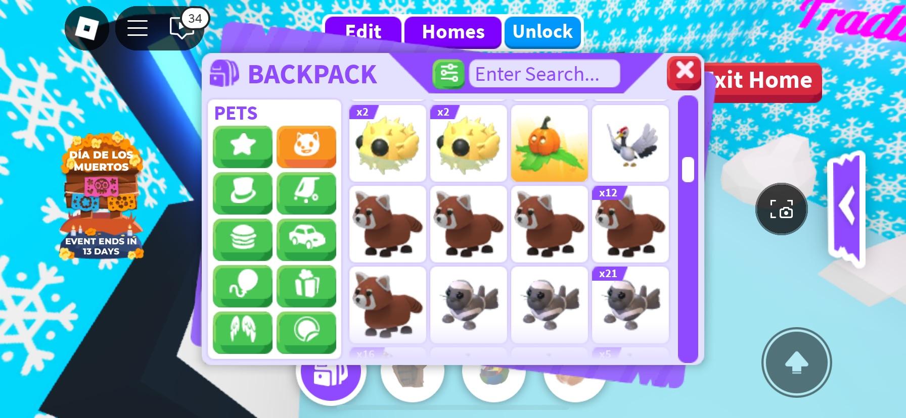 Adopt Me! backpack menu showing virtual pets including a capybara, corgi, cats, and puppies