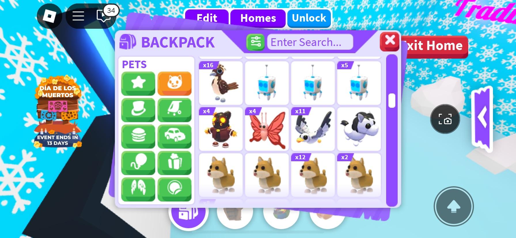 Adopt Me! backpack menu showing virtual pets including a capybara, corgi, cats, and puppies