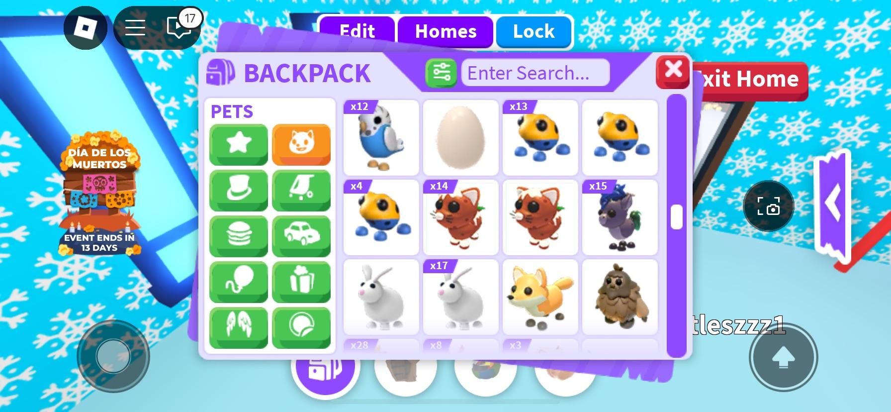 Adopt Me! backpack menu showing virtual pets including a capybara, corgi, cats, and puppies